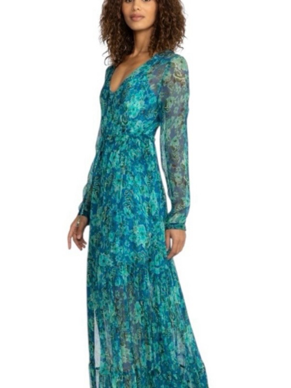 Johnny Was Teal Aqua Floral V-Neck Tiered Maxi Dress